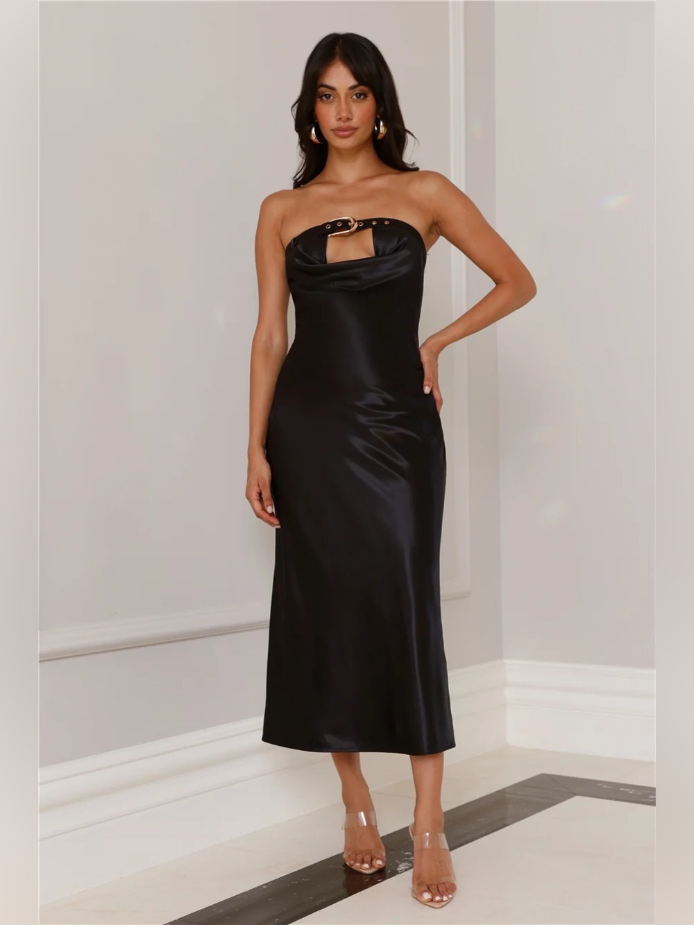 Runaway size xs LOXANA STRAPLESS DRESS BLACK satin midi